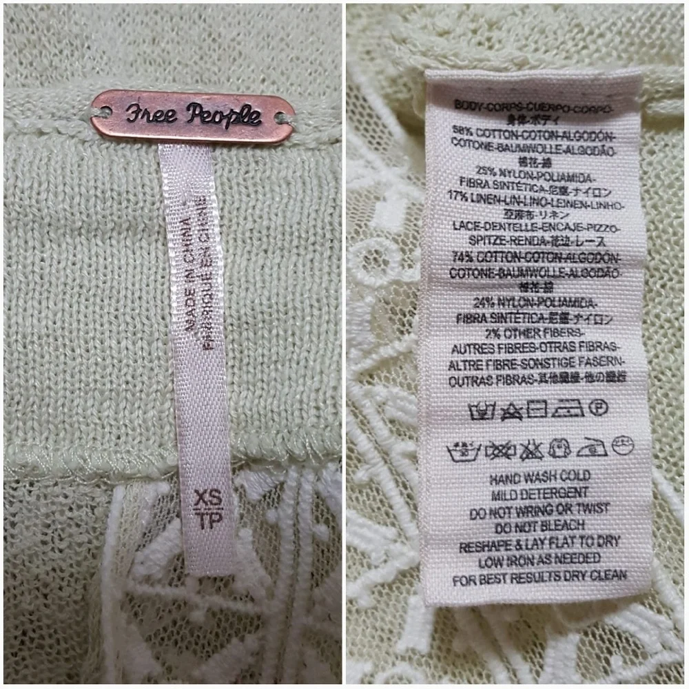 Free People Pebble Dash Embroidered Trim Envelope Back Top Honeydew Knit XS